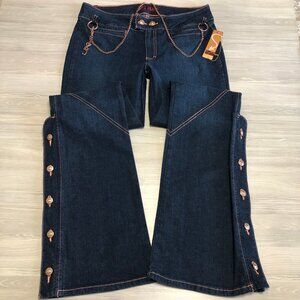 Fetish Jeans Wide Leg Rhinestone Buttons & Chain Accent Womens Size 7/8